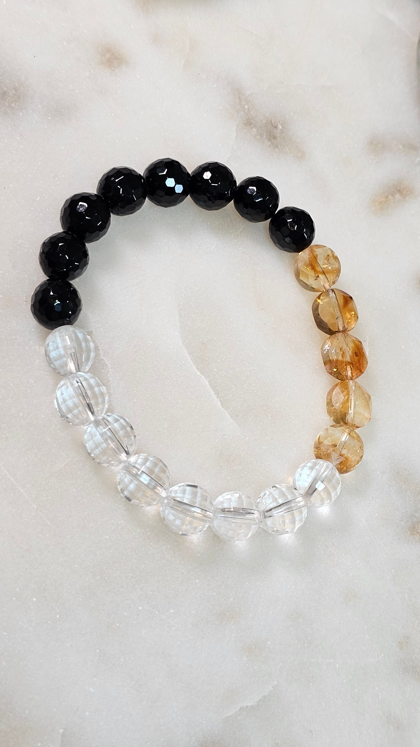 Safe to Receive™ Citrine Coin Bracelet | AAA Black Tourmaline 8mm | AAA Clear Quartz 8mm | Gold Coin Abundance & Protection Energy Bracelet | Stretch Crystal Bracelet