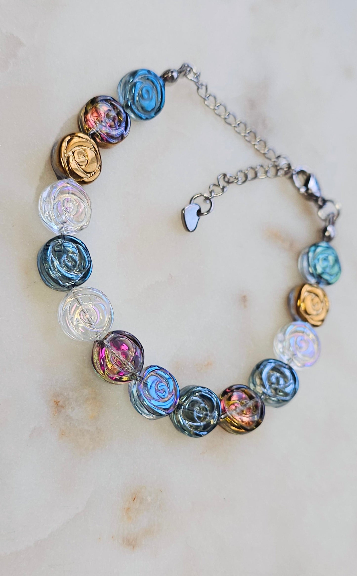 Color Shifting Glass Flowers Bracelet | Adjustable Bracelet | Heart Jewelry | Raver Bracelet | Girly Bracelet | Fairy Core