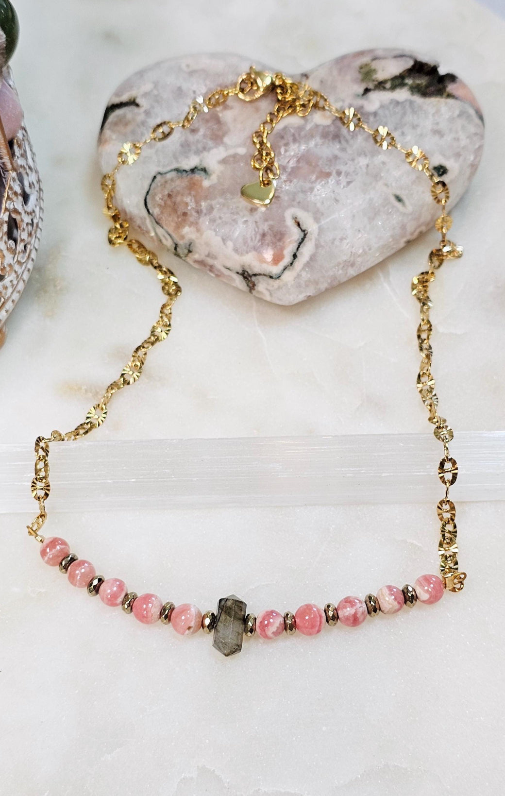 Rose Eclipse™ Necklace | Rhodochrosite Labradorite Gold Hematite Crystal Necklace | Heart Healing Intuition Protection Jewelry | Self Love