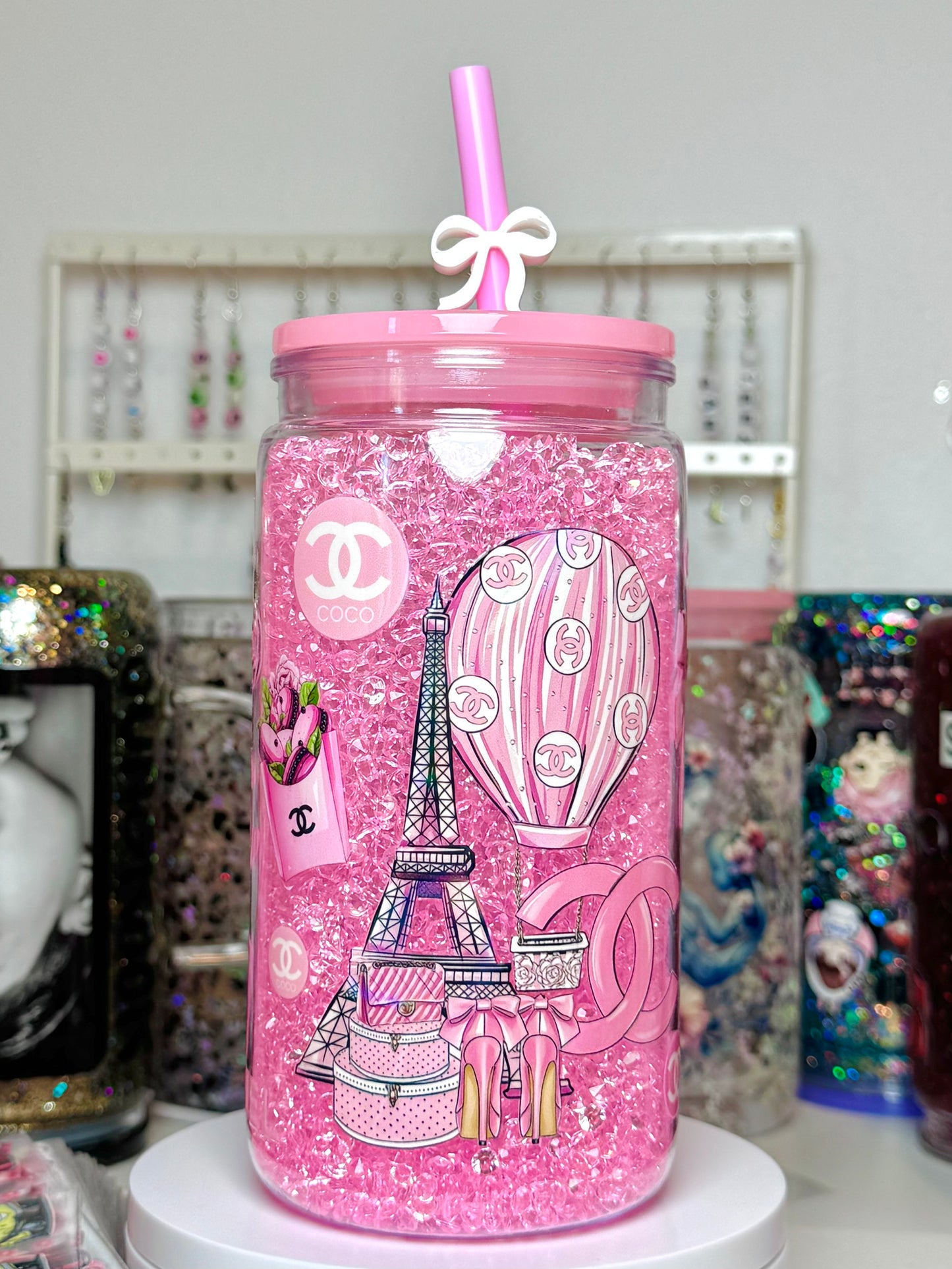 Chanel Holographic Snow Globe Tumbler Cup with Plastic gems 16 oz
