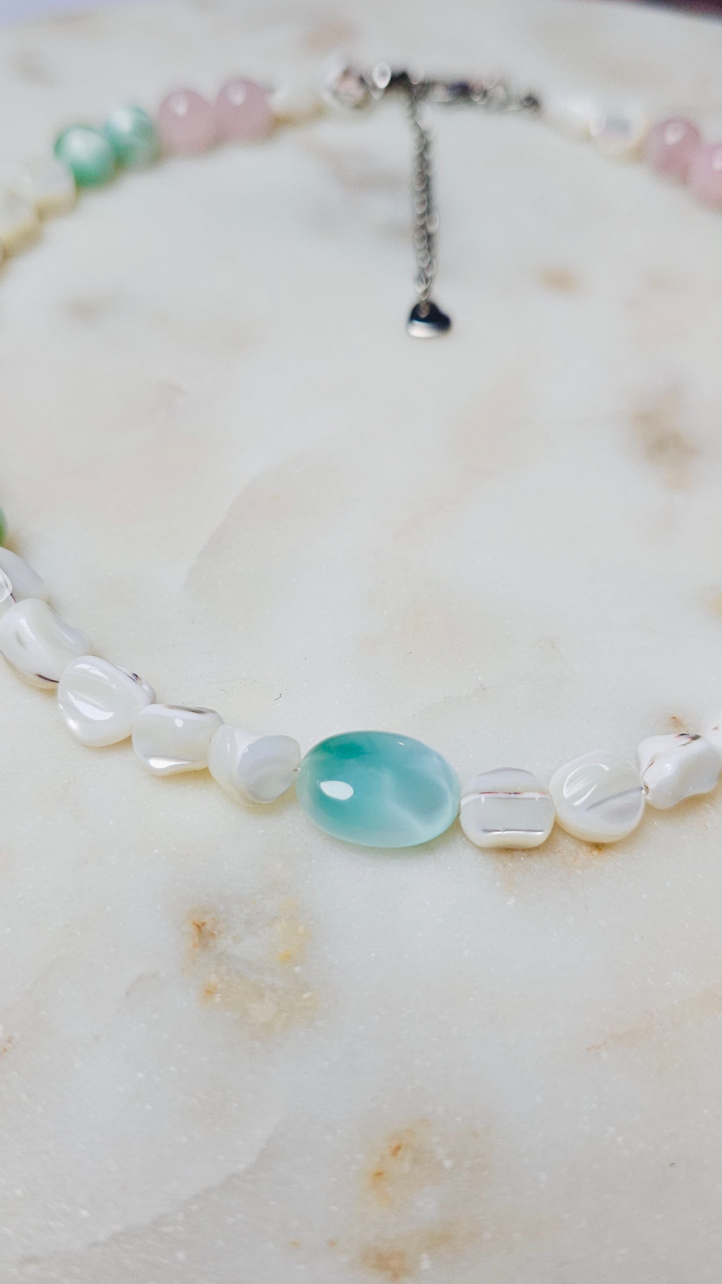 Soft As She Goes™ Heart Healing Beachy Pearl Crystal Necklace | June Birthstone | Rose Quartz Green Moonstone Pearl | Handmade | Feminine