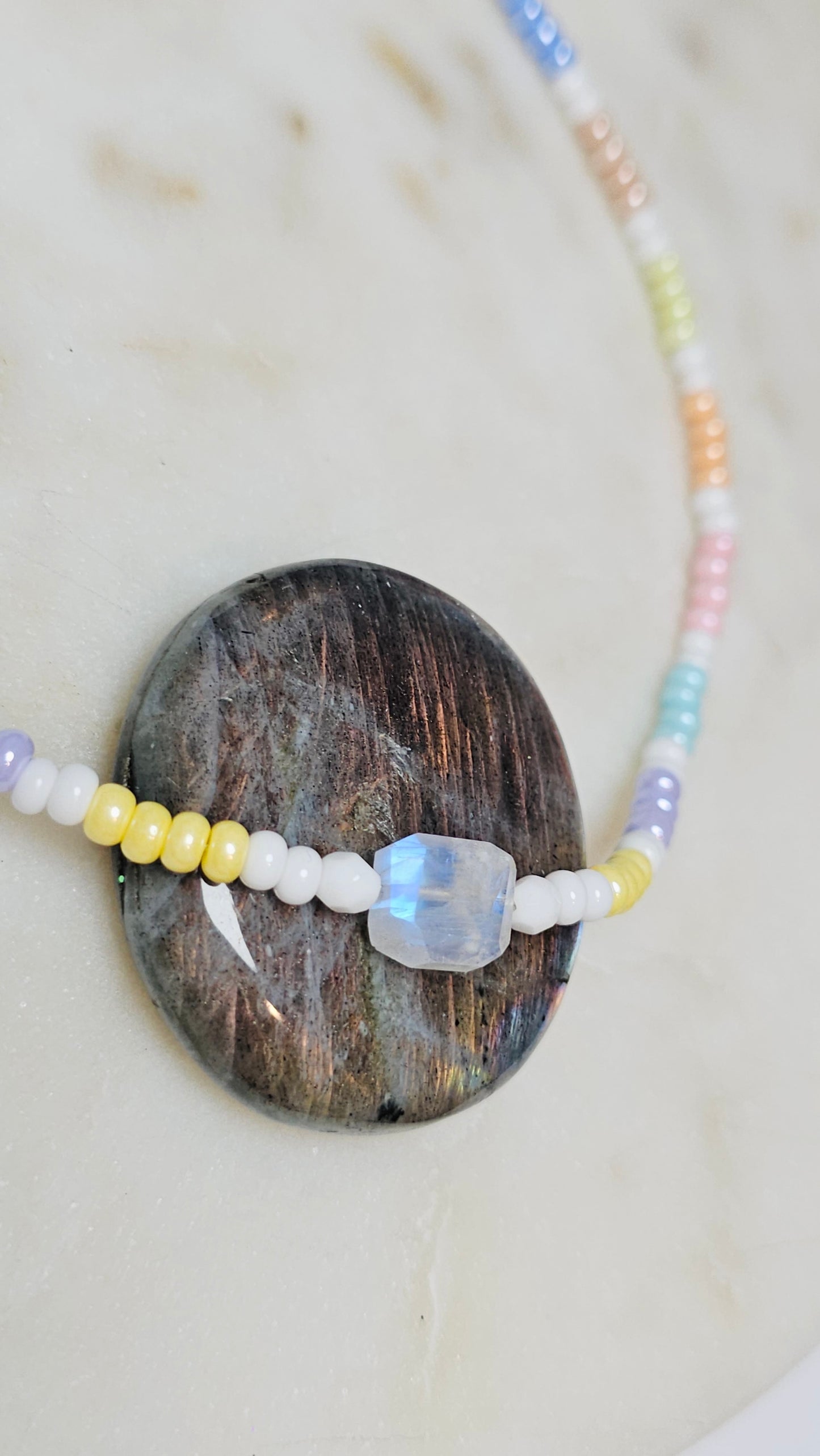 Dainty Moonstone Necklace | Czech Pastel Seed Beads Moonstone | Sacred Feminine | Handmade Gemstone Jewelry | Spiritual Gift for Women