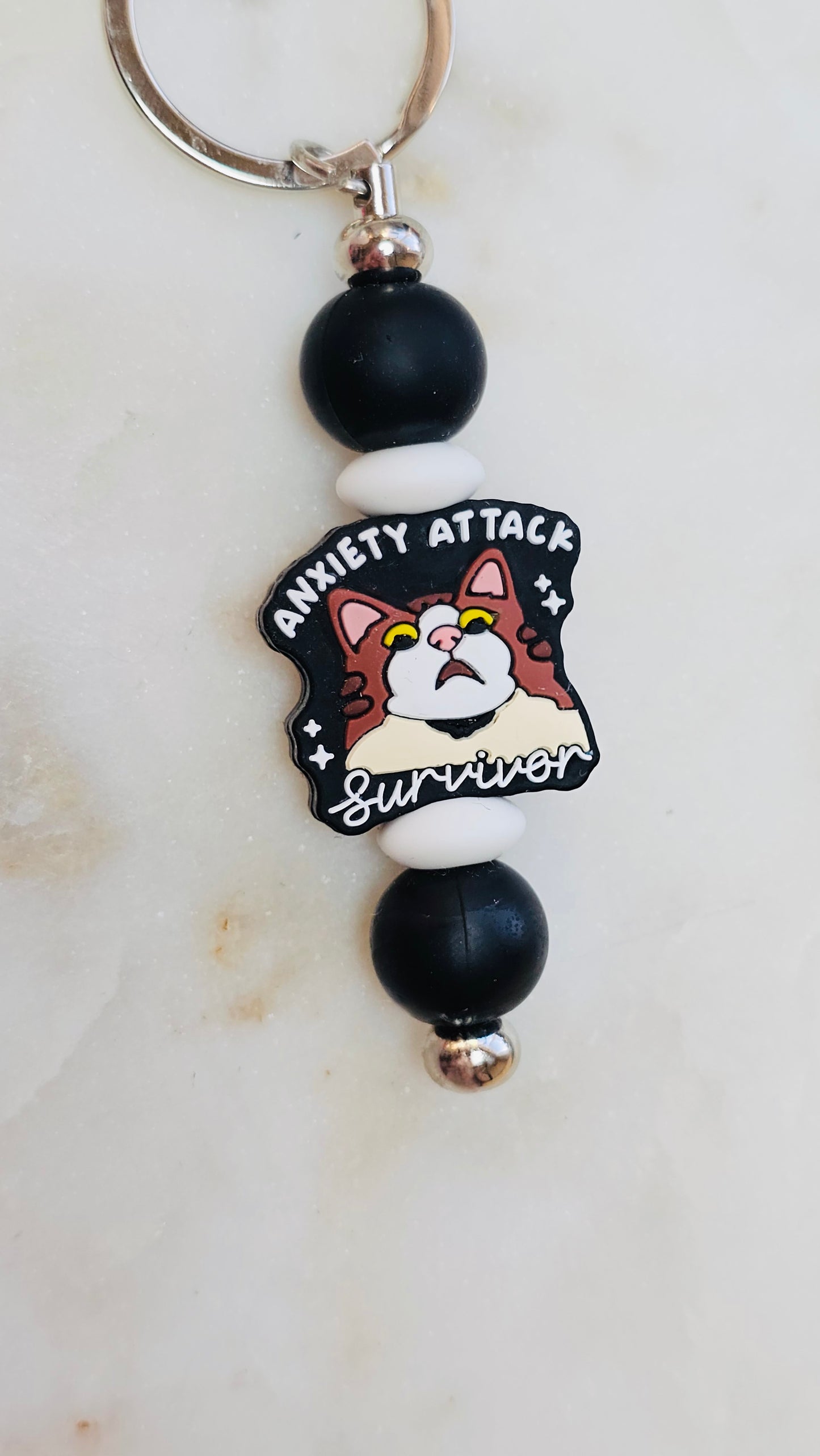 Cat Anxiety Attack Survivor Funny Keychain | Beaded Keychain | Sarcastic Gift | Bag Charm | Purse Accessory | Gag Gift for Her