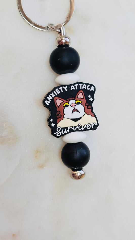 Cat Anxiety Attack Survivor Funny Keychain | Beaded Keychain | Sarcastic Gift | Bag Charm | Purse Accessory | Gag Gift for Her