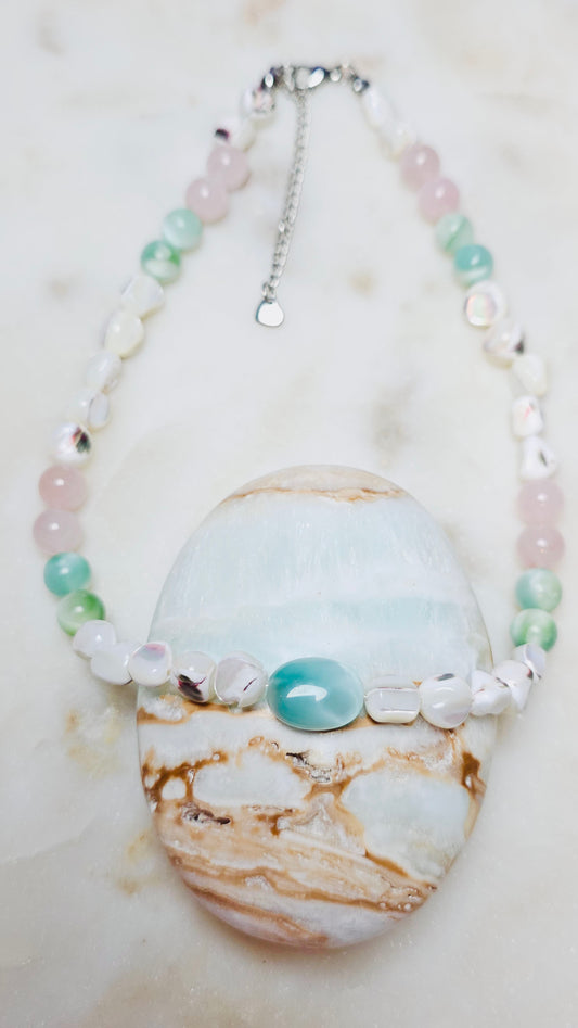 Soft As She Goes™ Heart Healing Beachy Pearl Crystal Necklace | June Birthstone | Rose Quartz Green Moonstone Pearl | Handmade | Feminine
