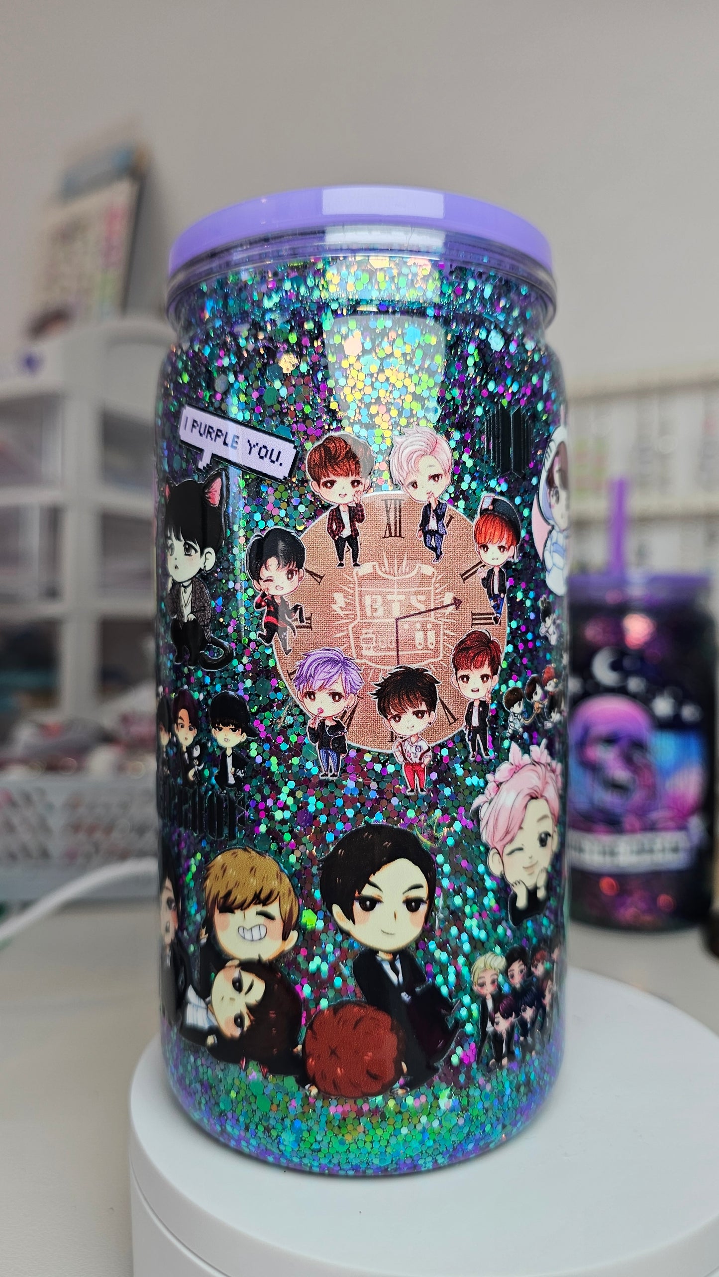 BTS Kpop Snow Globe Tumbler Cup 16 oz Color Shifting Glitter