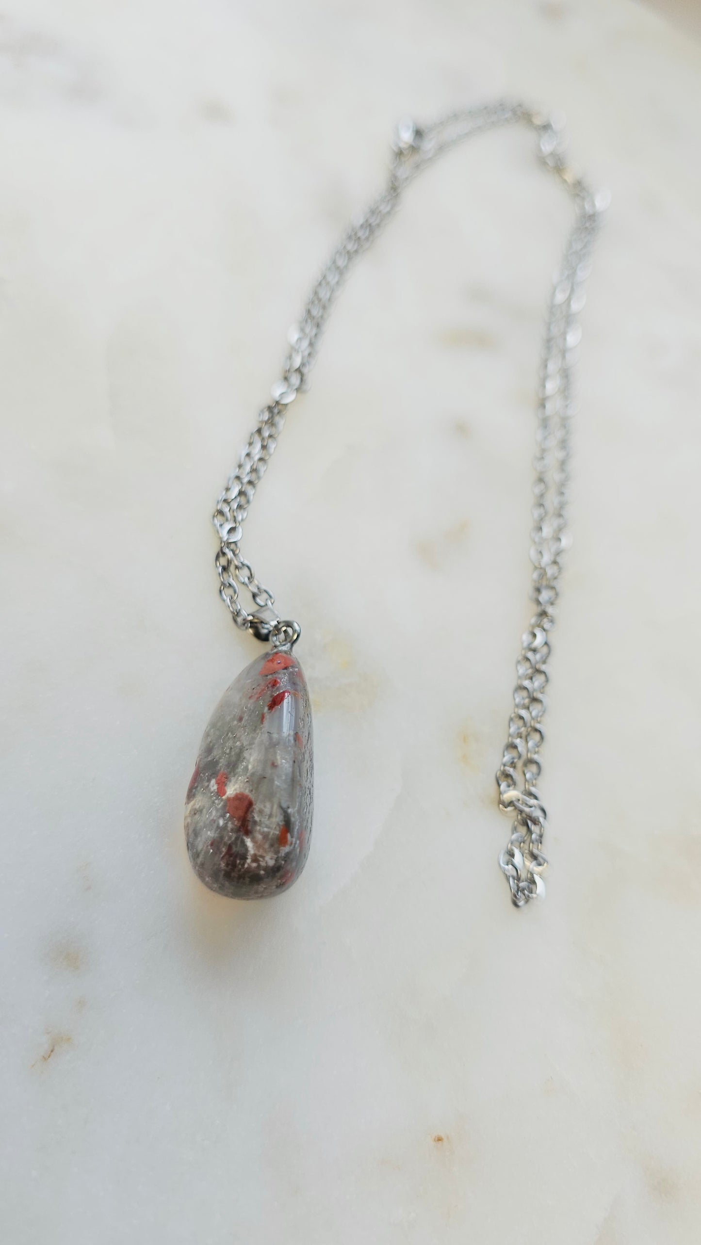 BloodStone Crystal Charm with Stainless Steel Chain | Mental Clarity Crystal Necklace | Long Chain 24”