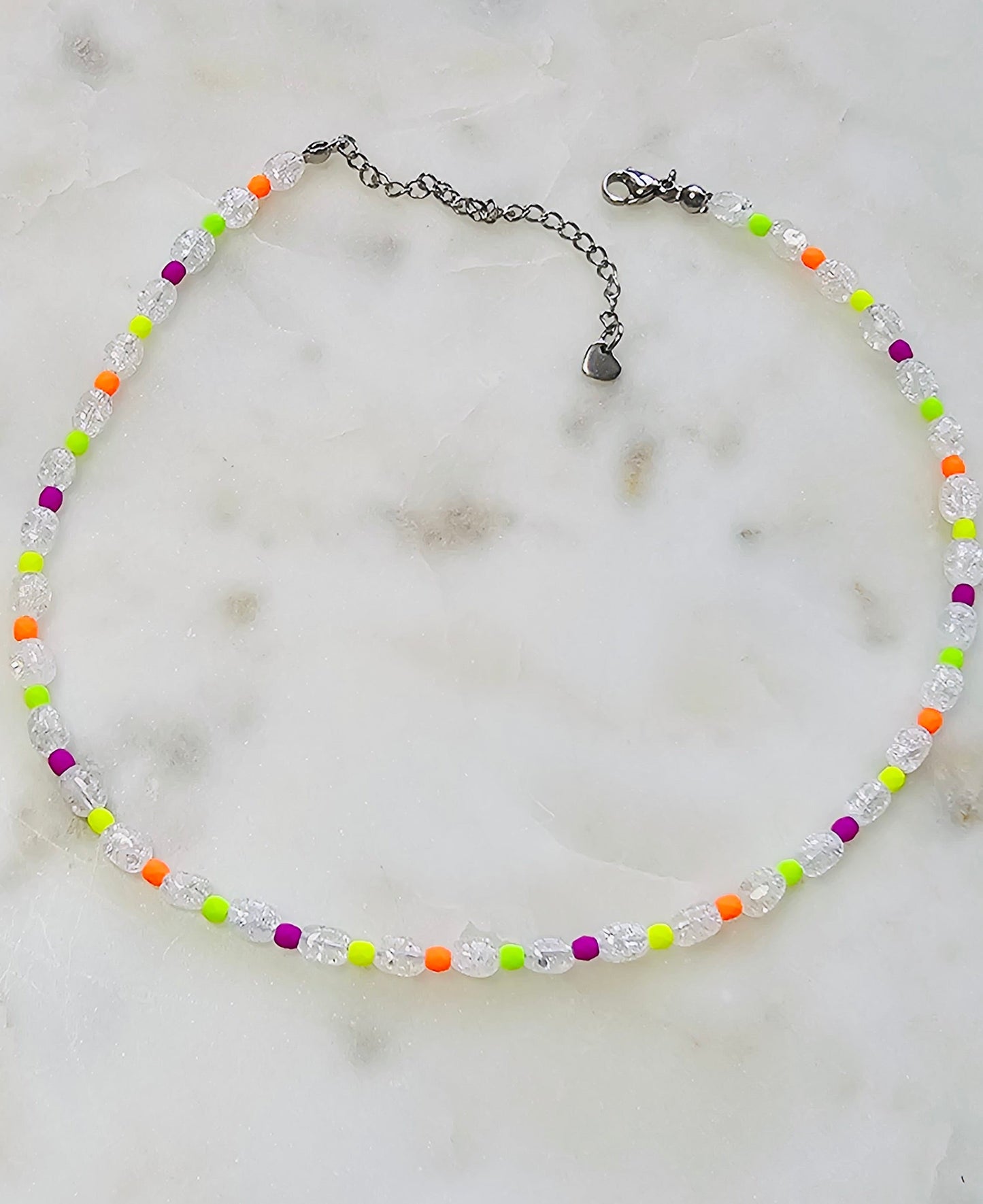 Frequency™ | Handmade Beaded Choker Necklace | Crackle Quartz | Neon Czech Seed Beads | Crystal Jewelry | Summer Necklace | Rave Jewelry