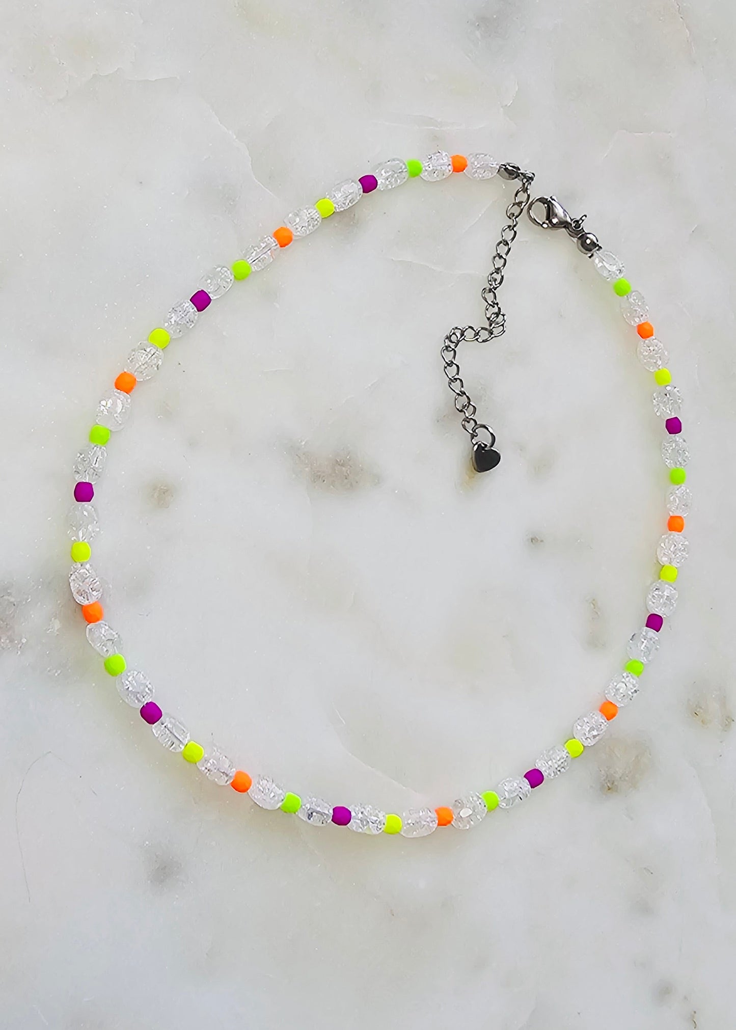Frequency™ | Handmade Beaded Choker Necklace | Crackle Quartz | Neon Czech Seed Beads | Crystal Jewelry | Summer Necklace | Rave Jewelry