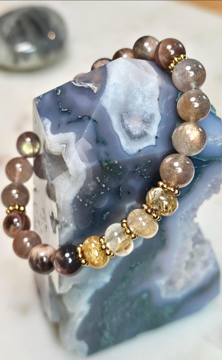 Inner Fire™  | AAA Red Labradorite, Golden Rutile Quartz, Black Moonstone Bracelet | Crystal Jewelry for Confidence, Truth & Personal Power