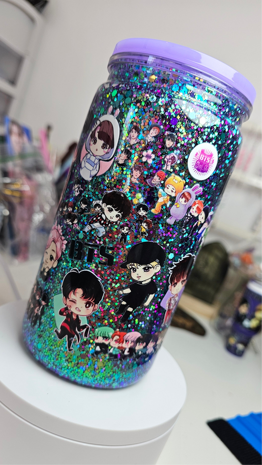 BTS Kpop Snow Globe Tumbler Cup 16 oz Color Shifting Glitter