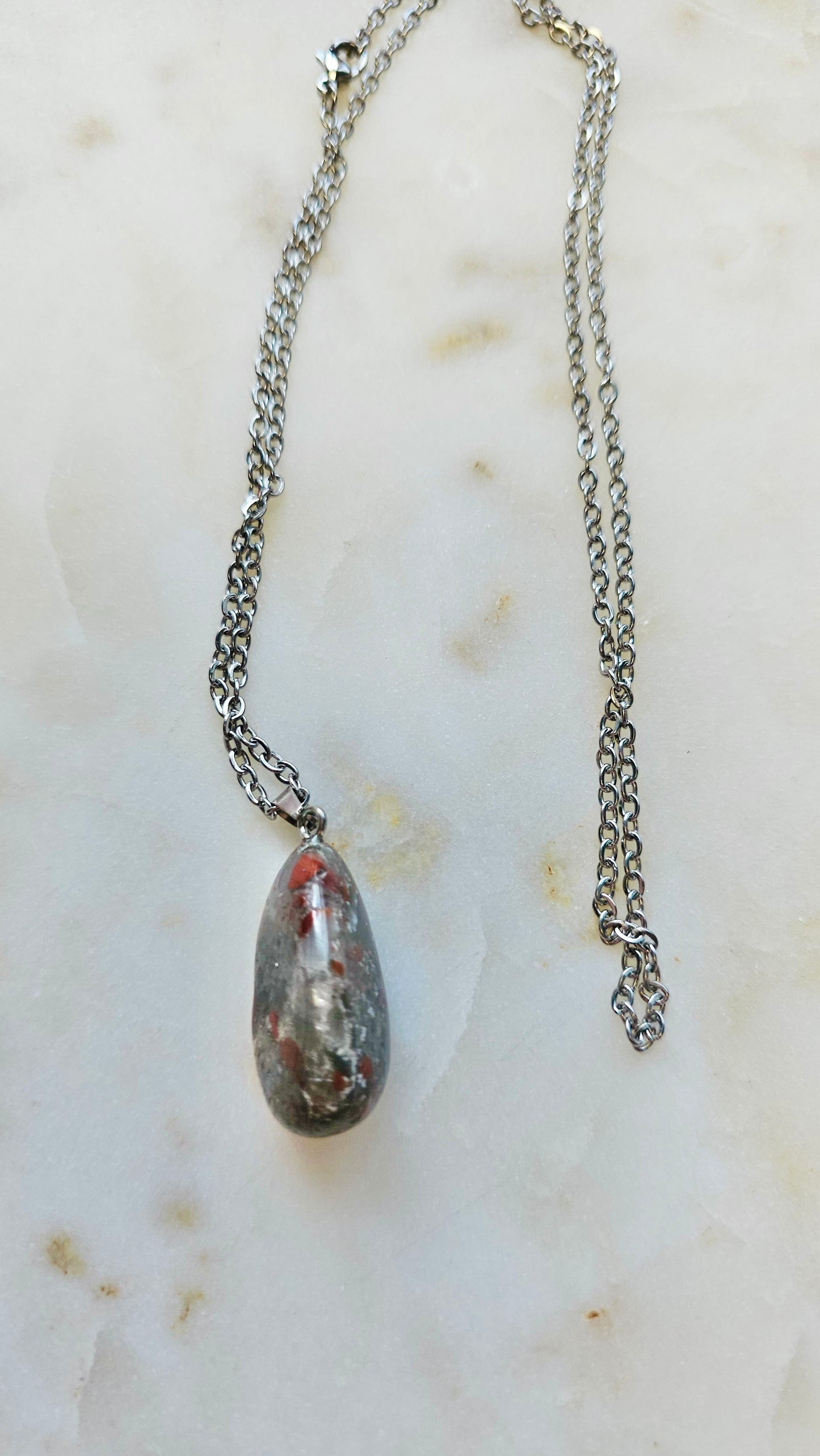 BloodStone Crystal Charm with Stainless Steel Chain | Mental Clarity Crystal Necklace | Long Chain 24”