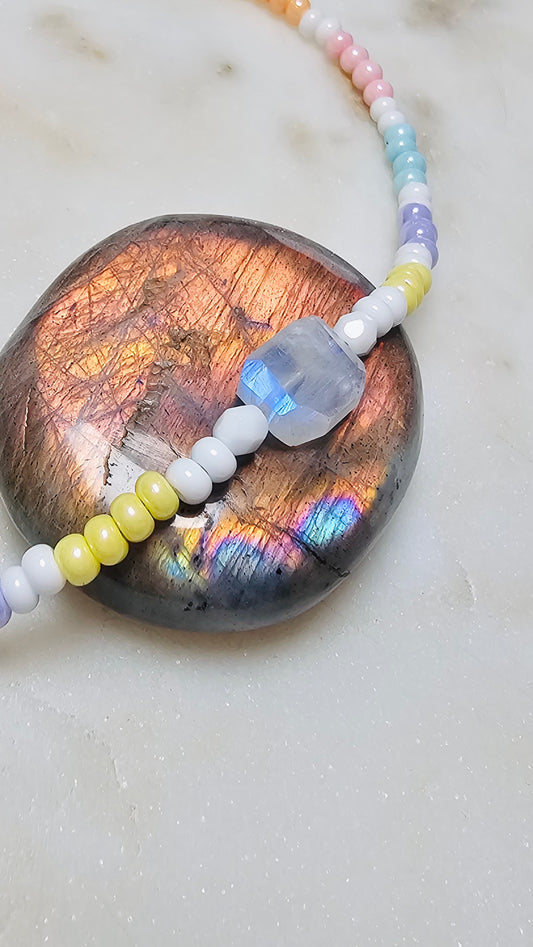 Dainty Moonstone Necklace | Czech Pastel Seed Beads Moonstone | Sacred Feminine | Handmade Gemstone Jewelry | Spiritual Gift for Women