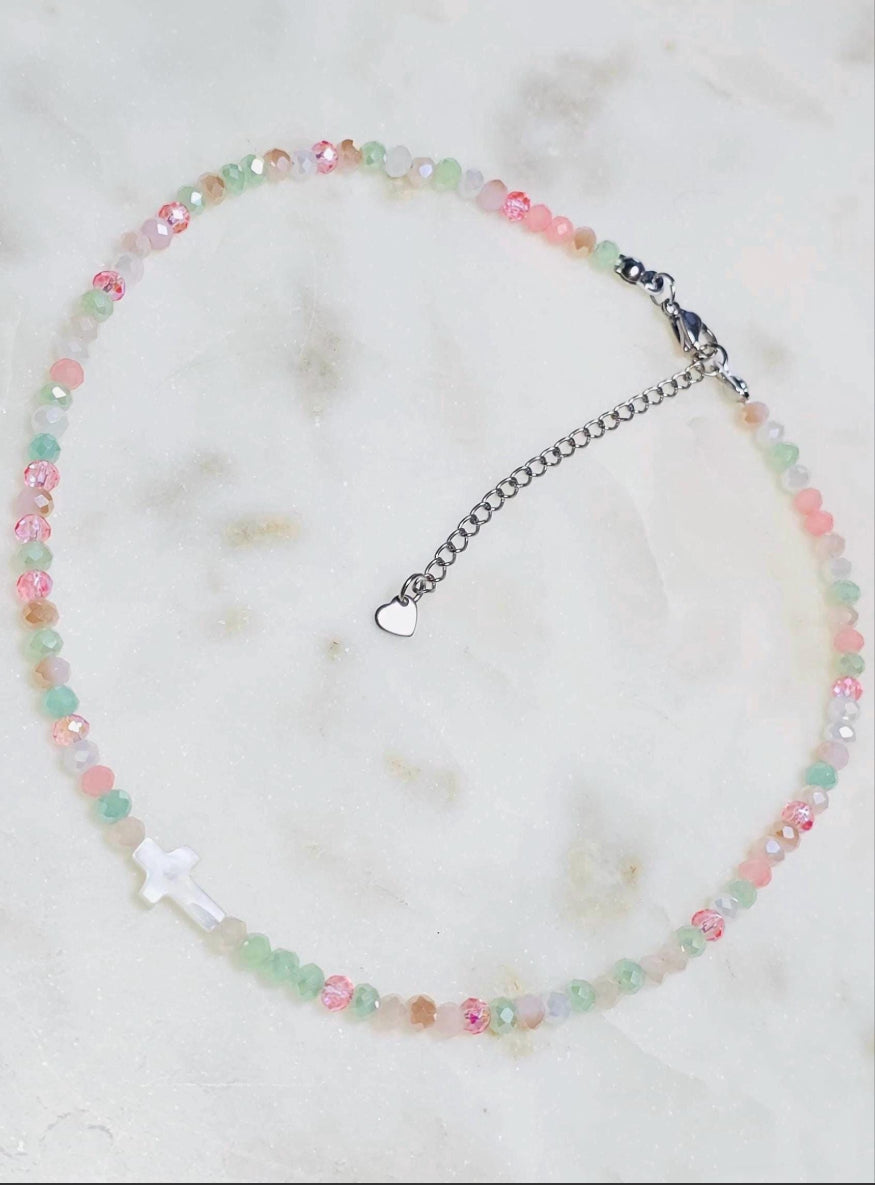 She Is Grace™ Mother of Pearl Cross Necklace | Dainty Jewelry| Multicolored Faceted Glass Rondelle Beaded Choker | Faith | Gift For Her | Stainless Steel