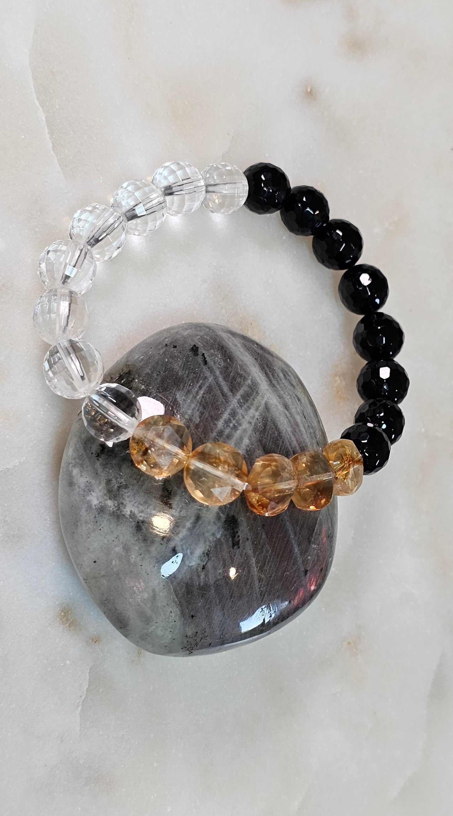 Safe to Receive™ Citrine Coin Bracelet | AAA Black Tourmaline 8mm | AAA Clear Quartz 8mm | Gold Coin Abundance & Protection Energy Bracelet | Stretch Crystal Bracelet