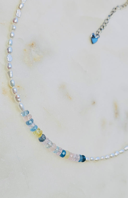Dainty Pearl and Morganite Choker Necklace | Summer Feminine Necklace | Freshwater Pearls | Dainty Choker | Summer Jewelry