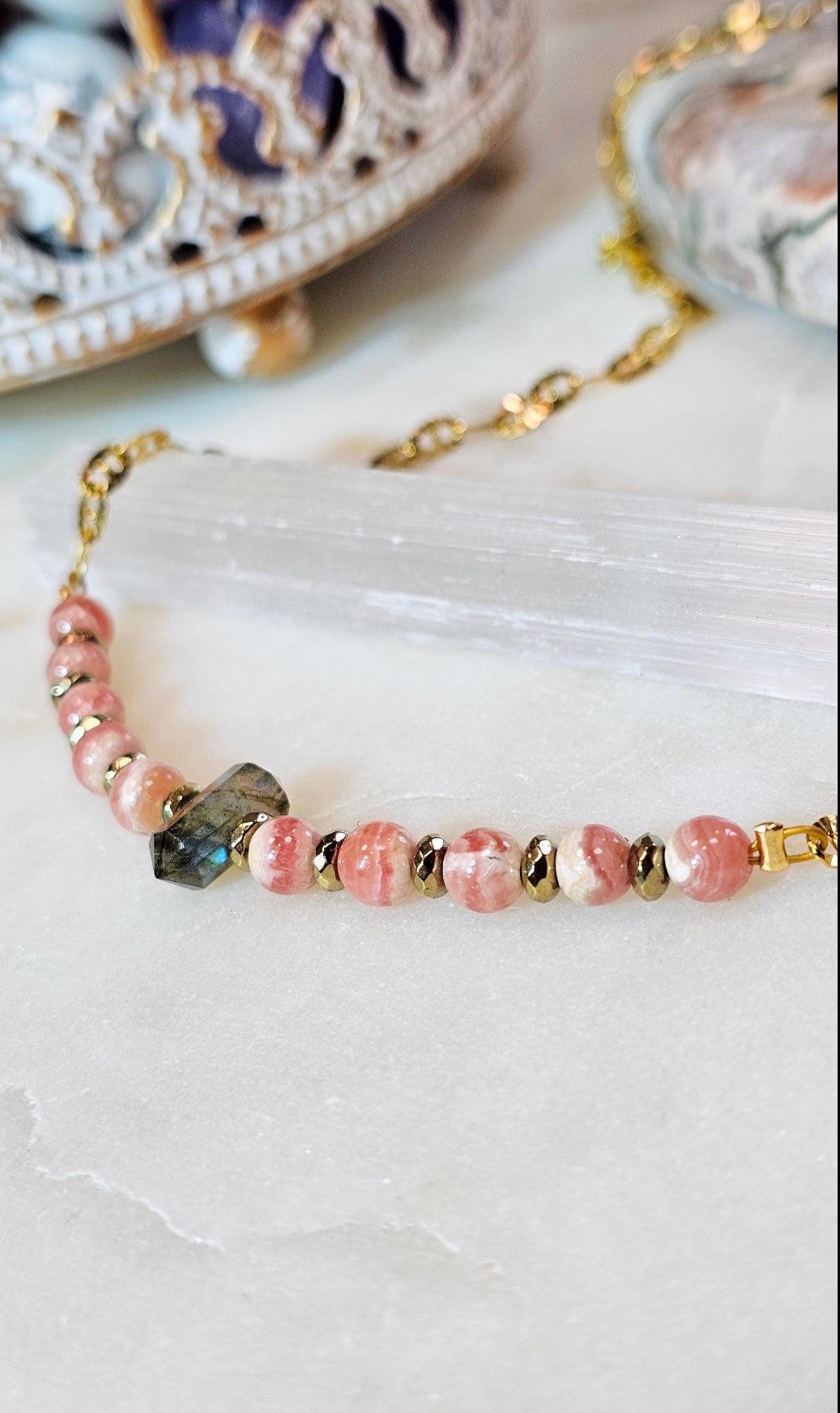 Rose Eclipse™ Necklace | Rhodochrosite Labradorite Gold Hematite Crystal Necklace | Heart Healing Intuition Protection Jewelry | Self Love