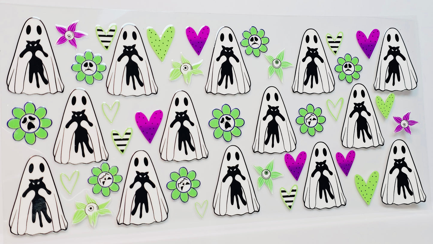 Halloween Ghosties with Black Cats Skull Flowers UVDTF Wrap 16 oz