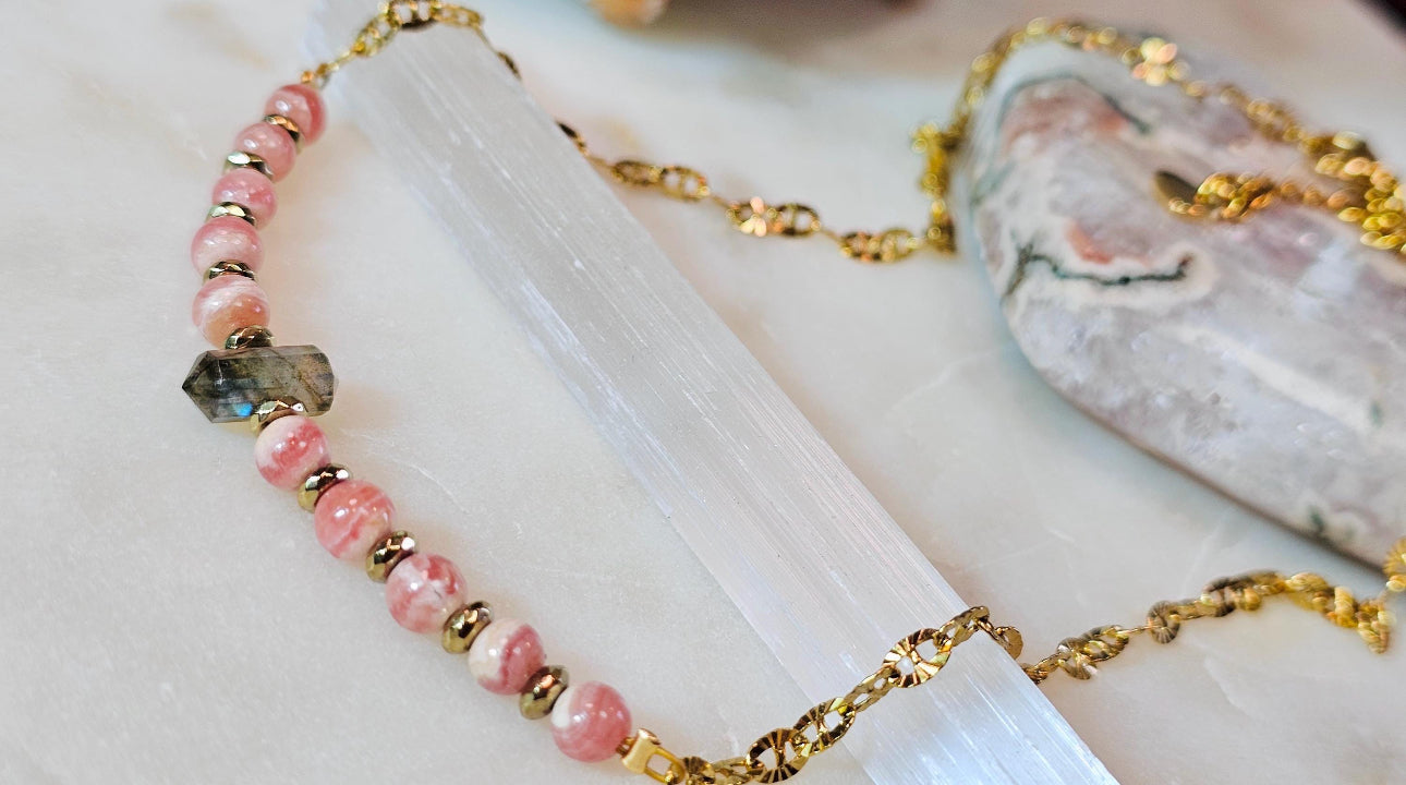 Rose Eclipse™ Necklace | Rhodochrosite Labradorite Gold Hematite Crystal Necklace | Heart Healing Intuition Protection Jewelry | Self Love