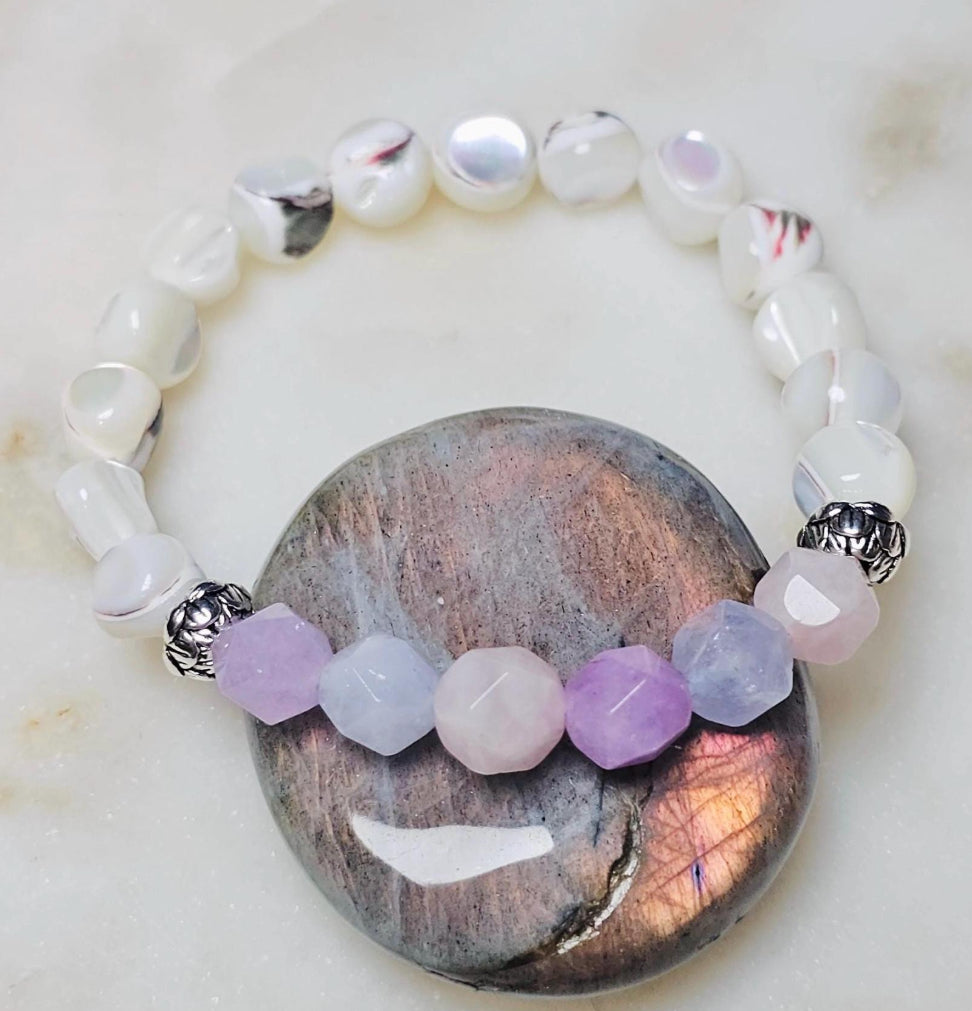 She Is Adored™ Aquamarine Amethyst Rose Quartz Mother of Pearl Bracelet | Divine Feminine Crystal Jewelry | Self Love Gift For Her