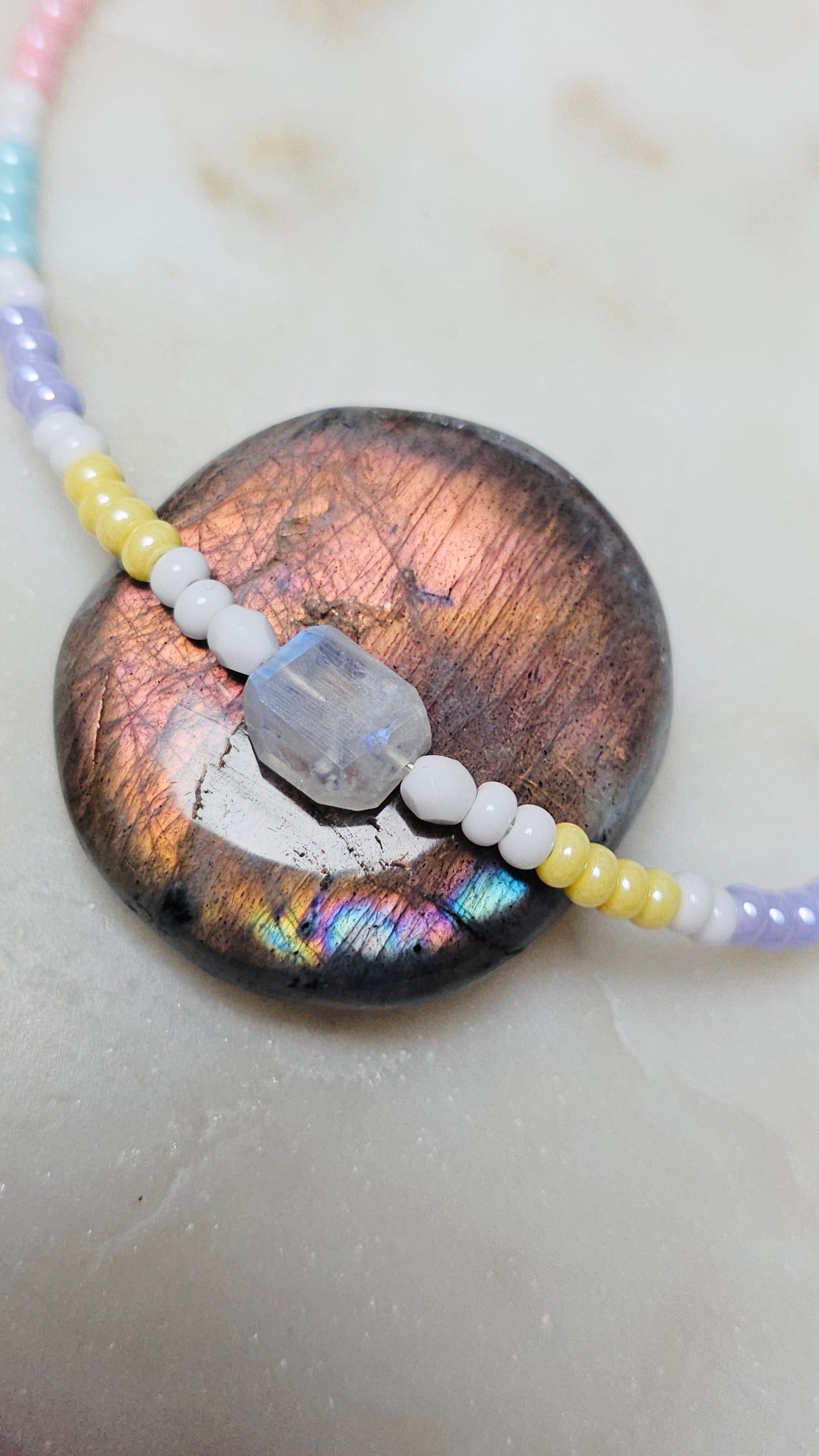 Dainty Moonstone Necklace | Czech Pastel Seed Beads Moonstone | Sacred Feminine | Handmade Gemstone Jewelry | Spiritual Gift for Women