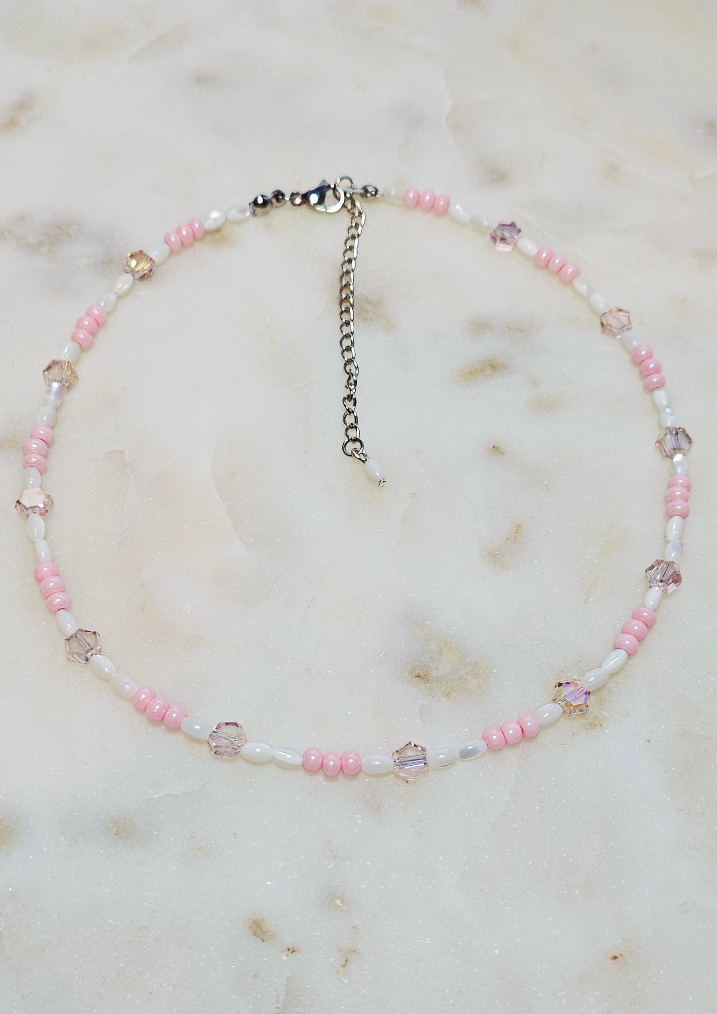 Freshwater Pearls | Pink Crystal Bicones |Czech Glass Seed Beads | Handmade Beaded Choker Necklace |  Pastel Pink White | Dainty Necklace