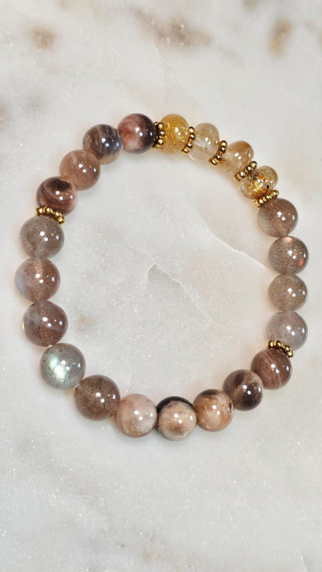Inner Fire™  | AAA Red Labradorite, Golden Rutile Quartz, Black Moonstone Bracelet | Crystal Jewelry for Confidence, Truth & Personal Power