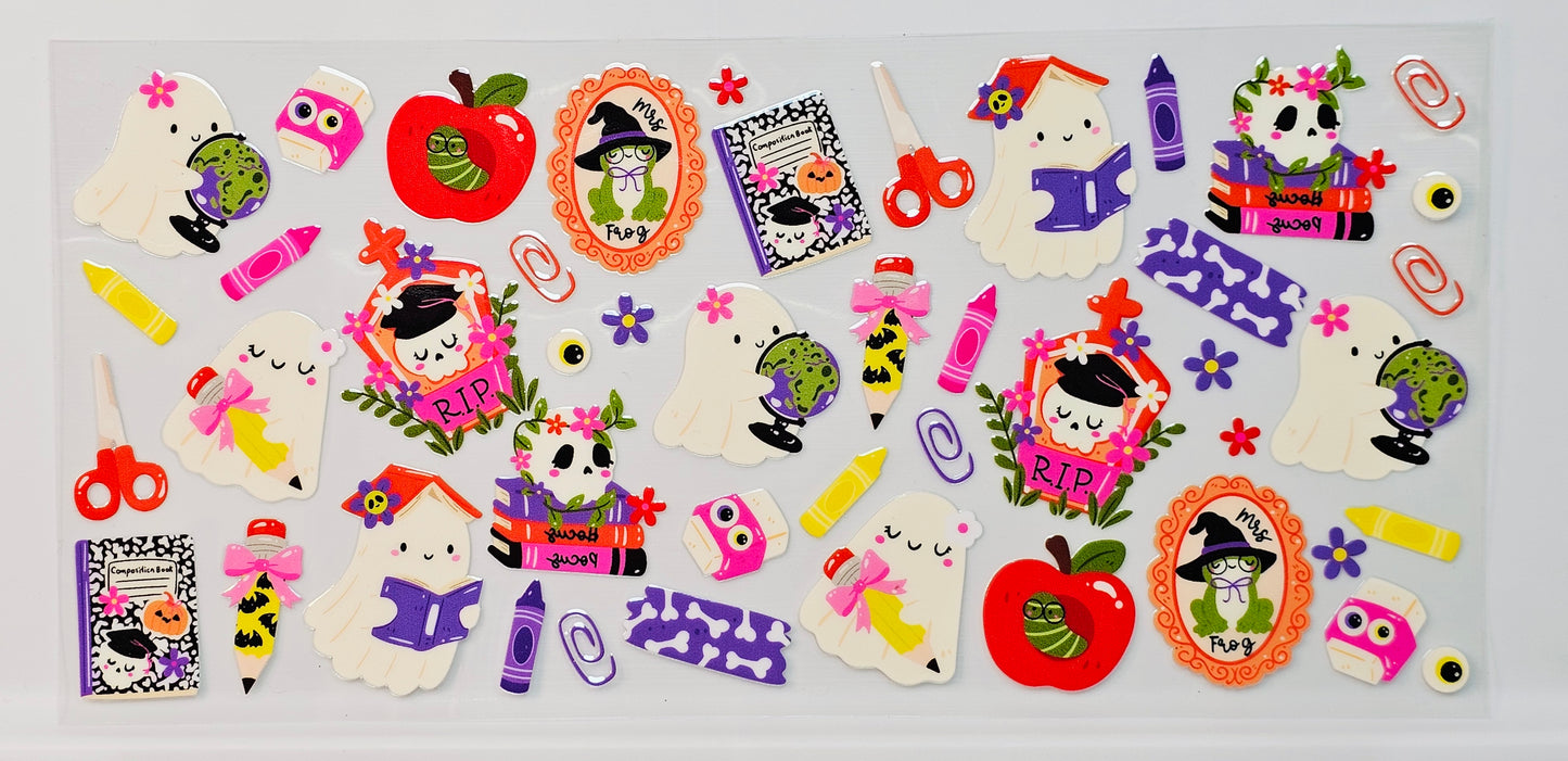 TEACHER GIFT Halloween Ghosties Skulls Books Apples UVDTF Wrap 16 oz