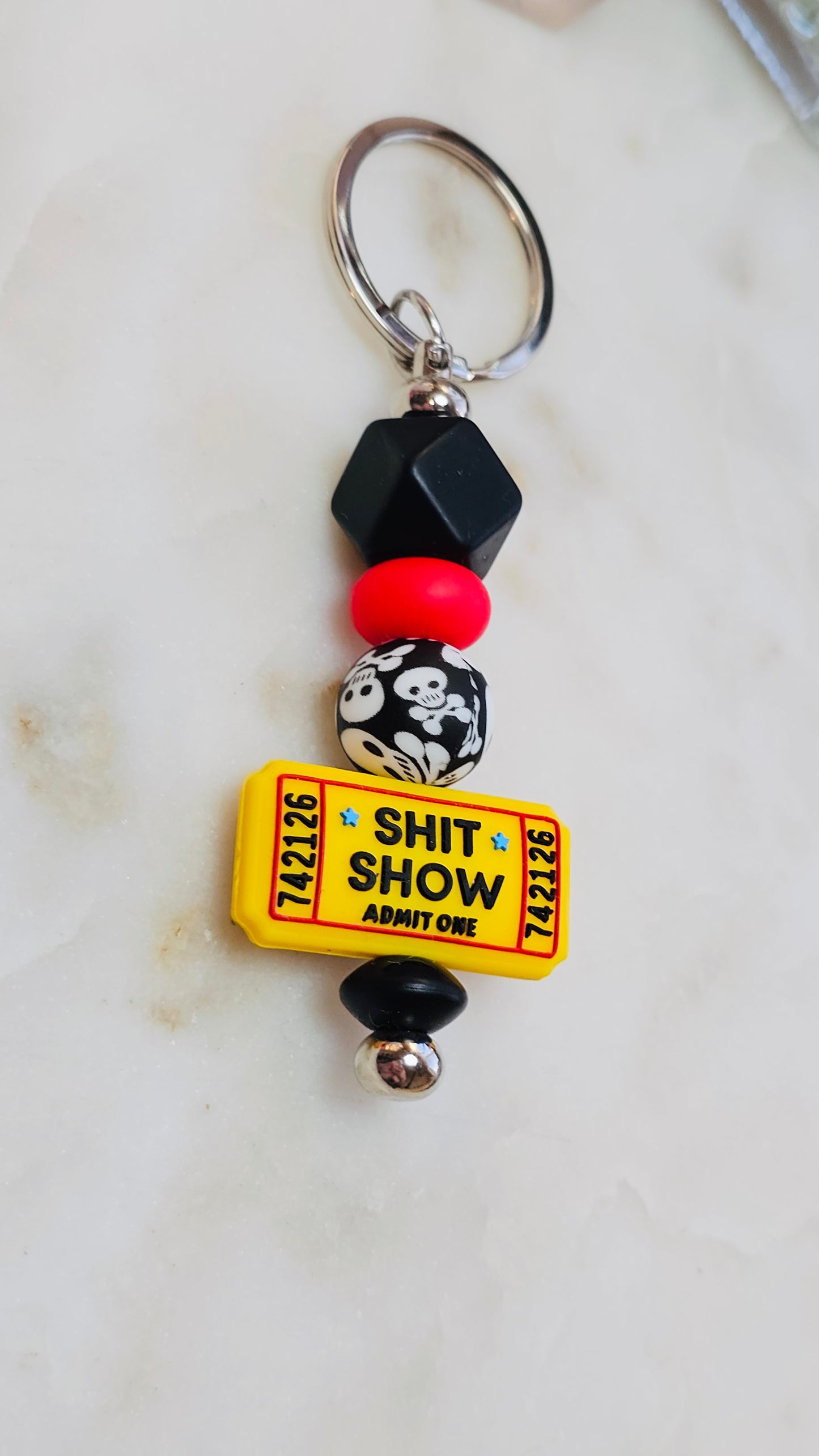 Skulls & Ticket to Shit Show Funny Keychain | Beaded Keychain | Sarcastic Gift | Bag Charm | Purse Accessory | Gag Gift for Her