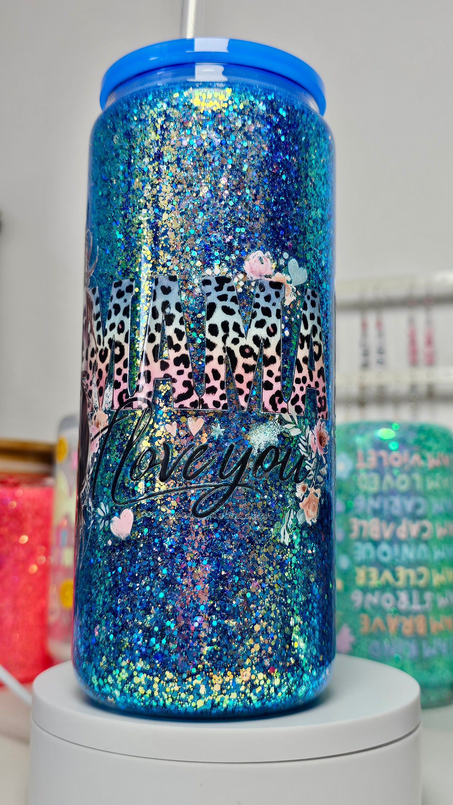 Mama Holographic Color Shifting Glitter Snow Globe Glass Tumbler 20 oz