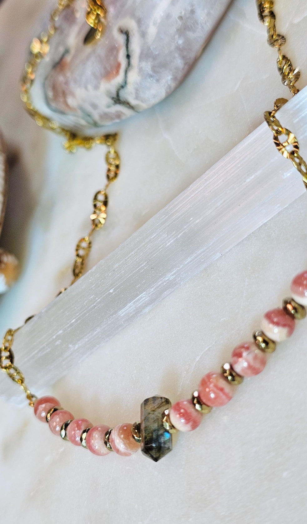 Rose Eclipse™ Necklace | Rhodochrosite Labradorite Gold Hematite Crystal Necklace | Heart Healing Intuition Protection Jewelry | Self Love