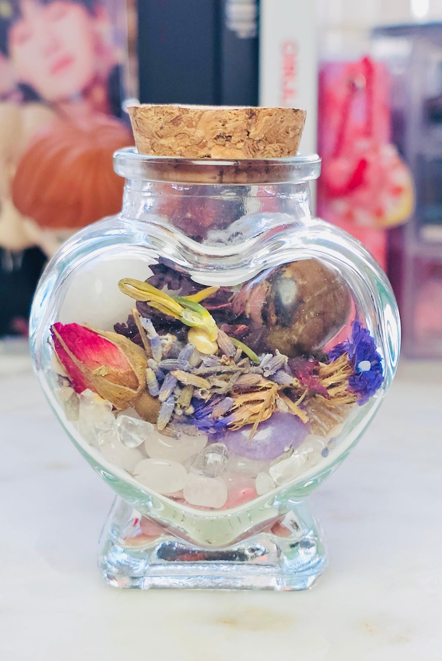 Petals of Healing™ Heart Glass Jar | Premade Self love and Rebirth Healing Jar | Crystal and Herb Healing | Intentional Healing