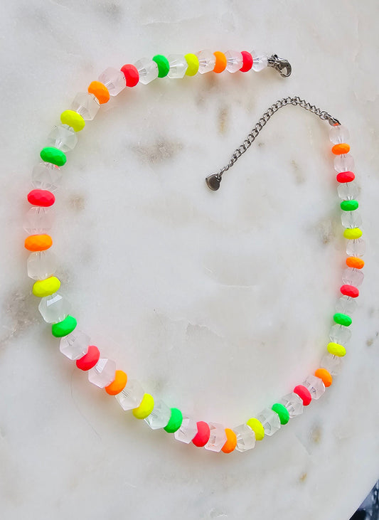 Neon Necklace | Neon Choker | Frosted Glass Matte Faceted 8 mm Beads with Czech Neon Beads | Beaded necklace | Summer Rave Necklace