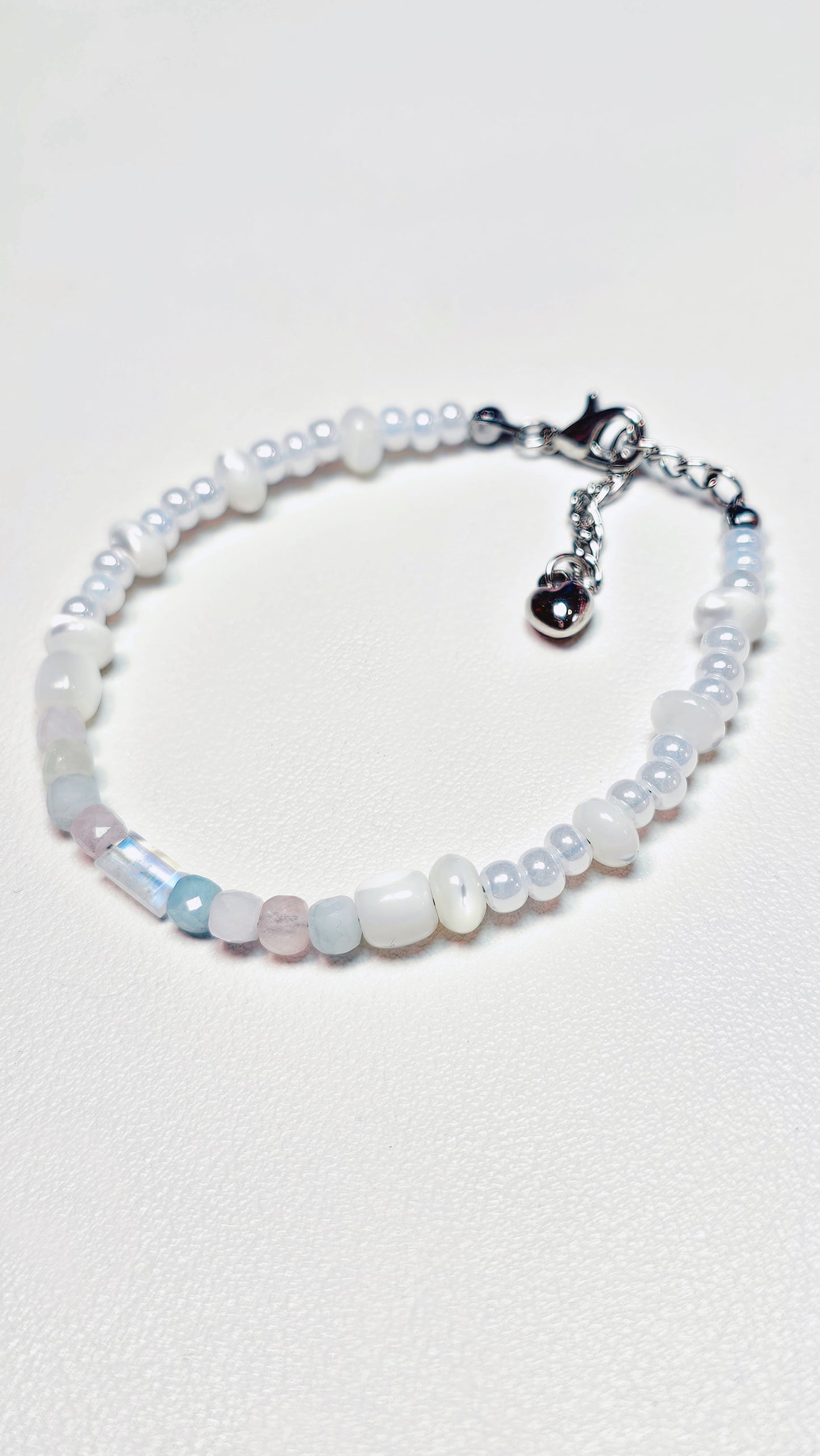 Calming, Self Love, Moonstone, Morganite, Mother of Pearl, Czech Seed Beads with Stainless steel hardware