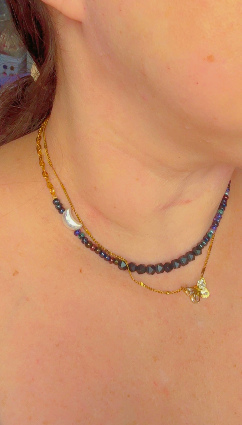 Moon Phase Protection Necklace™ | Black Onyx & Galaxy Czech Seed Beads | Stainless Steel Crystal Necklace