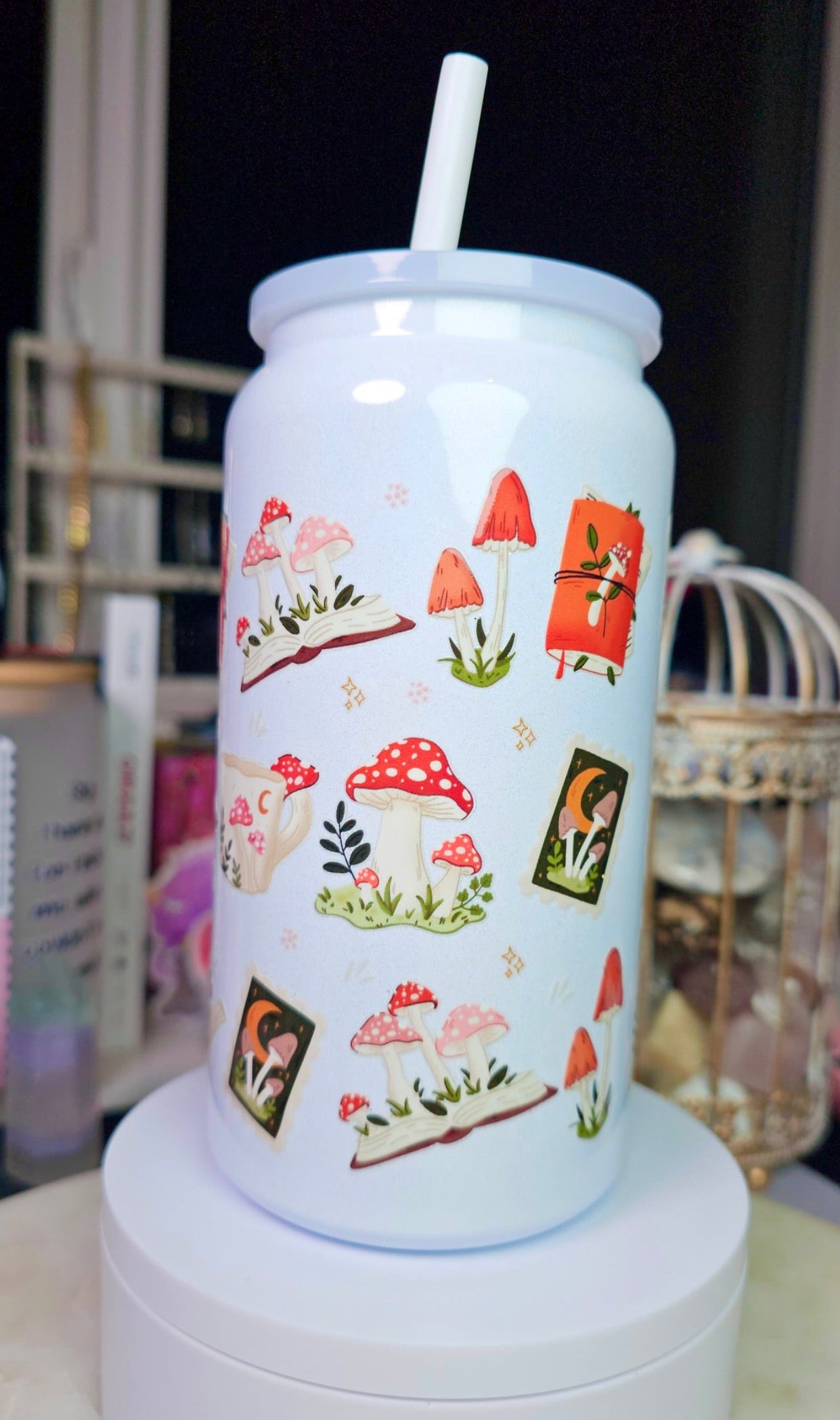Cottagecore Mushroom Sparkly Stainless Steel Cup | Fairycore Tumbler with Straw | Whimsical Forest Aesthetic Gift