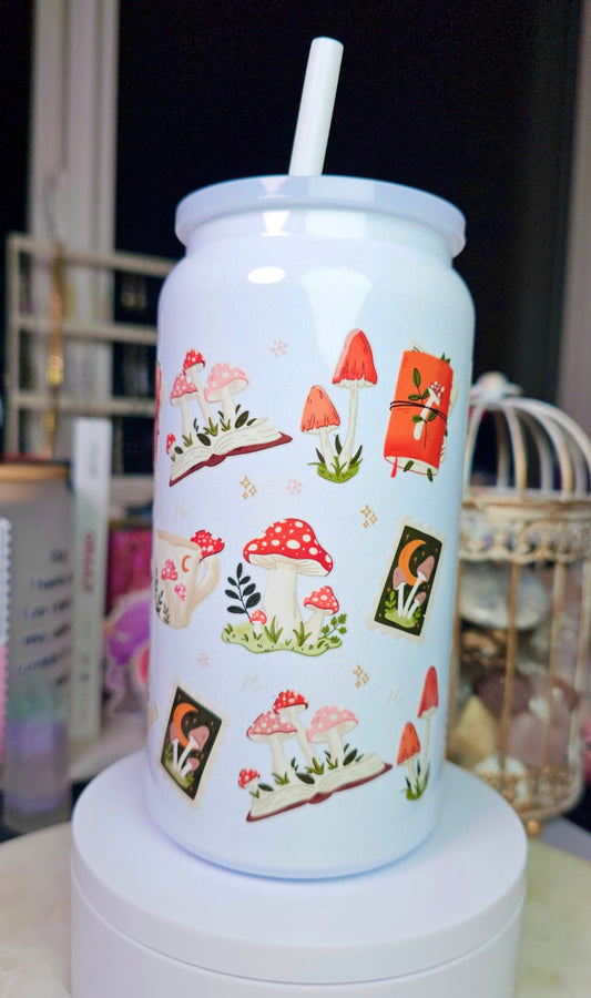 Cottagecore Mushroom Sparkly Stainless Steel Cup | Fairycore Tumbler with Straw | Whimsical Forest Aesthetic Gift