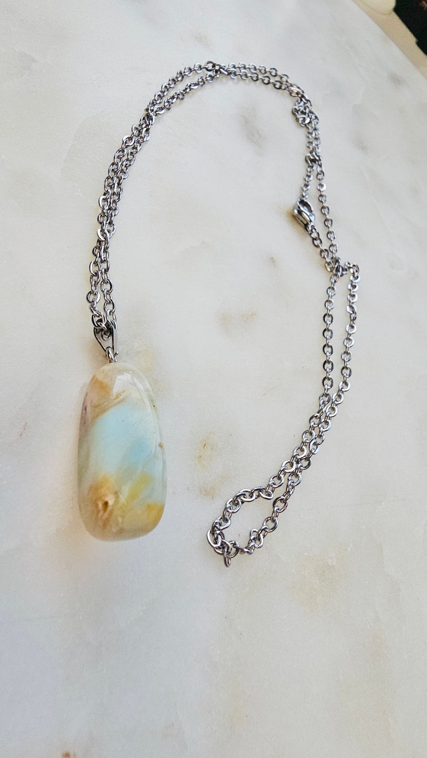 Amazonite Crystal Charm with Stainless Steel Chain | Calming Peaceful Beachy Necklace | Long Chain 24”