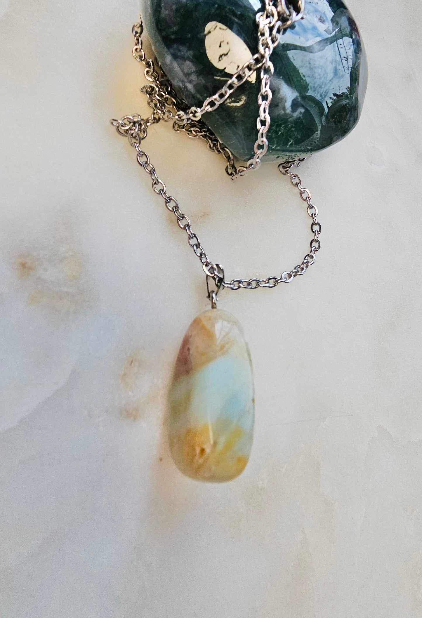 Amazonite Crystal Charm with Stainless Steel Chain | Calming Peaceful Beachy Necklace | Long Chain 24”