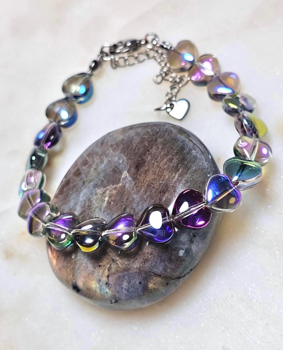 Color Shifting Glass Hearts Bracelet | Adjustable Bracelet | Heart Jewelry | Stainless Steel
