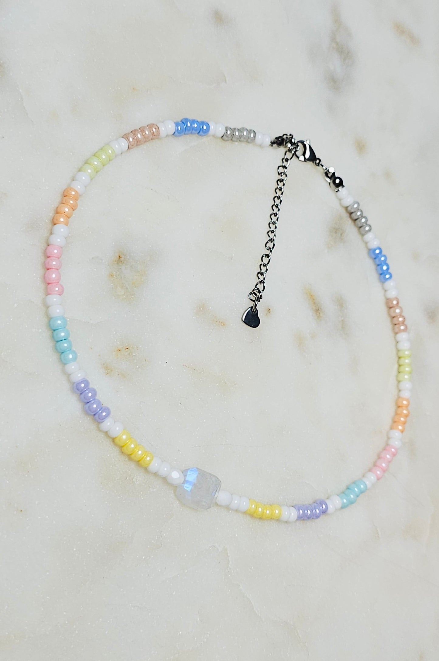 Dainty Moonstone Necklace | Czech Pastel Seed Beads Moonstone | Sacred Feminine | Handmade Gemstone Jewelry | Spiritual Gift for Women