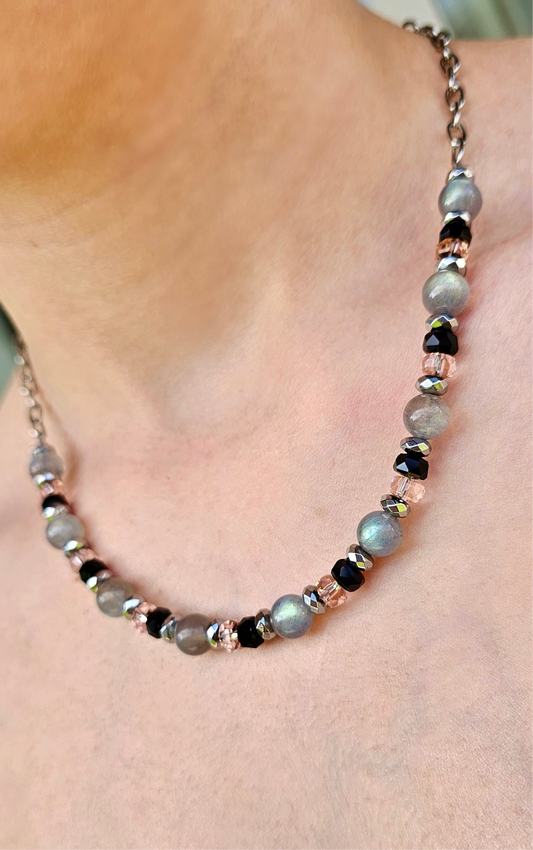 Grounding & Protection Necklace | AA Quality Flashy Labradorite 8mm | Black Onyx, Hematite & Baby Pink Glass 6mm Faceted Rondelle Beads | Stainless Steel Hardware | Spiritual Protection Jewelry