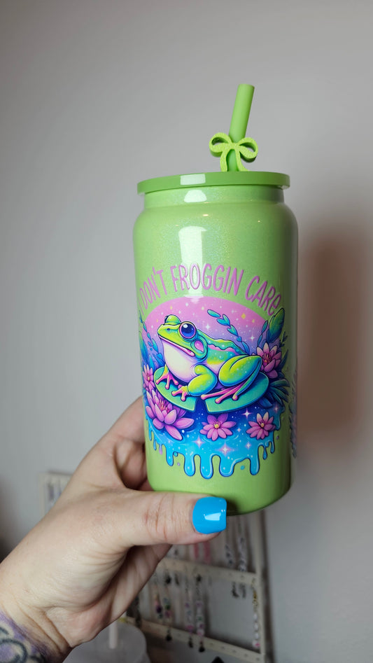 “Don’t Froggin Care” Sarcastic Funny Frog Design Lime Green Stainless Steel Shimmer Tumbler Cup 16 oz