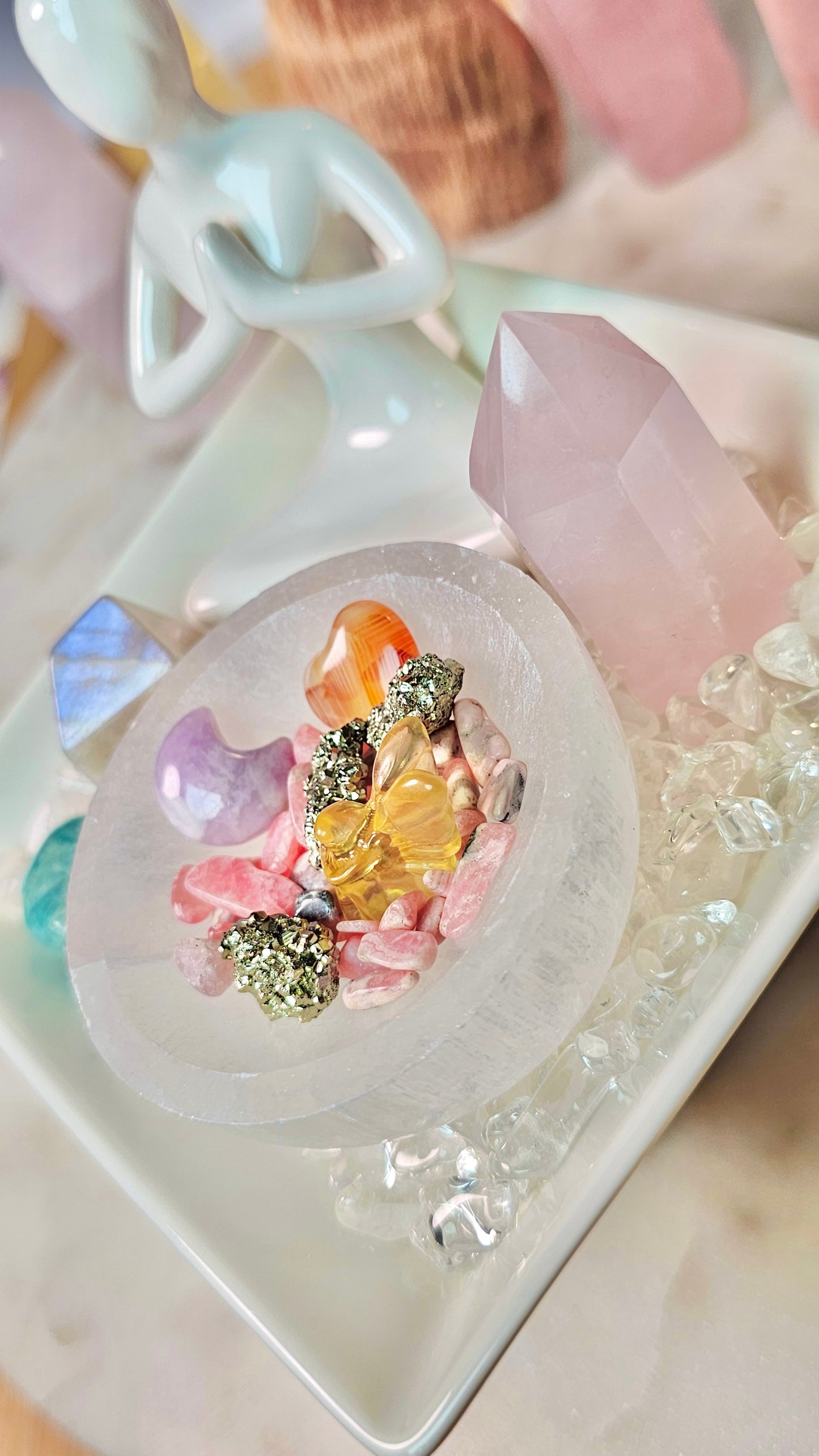 Sitting With Safe Love™ Healing Crystal Altar Set | Selenite Meditation Altar Dish, Rose Quartz, Pyrite, Lepidolite, Moonstone | Spiritual Gift | Crystals