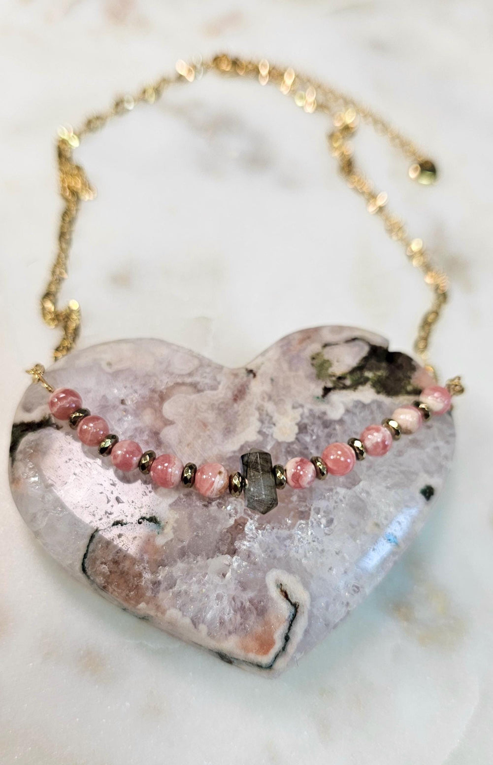 Rose Eclipse™ Necklace | Rhodochrosite Labradorite Gold Hematite Crystal Necklace | Heart Healing Intuition Protection Jewelry | Self Love
