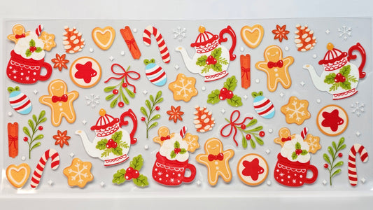 Christmas Gingerbread Snowflakes Mistletoe Teapot UVDTF Wrap 16 oz