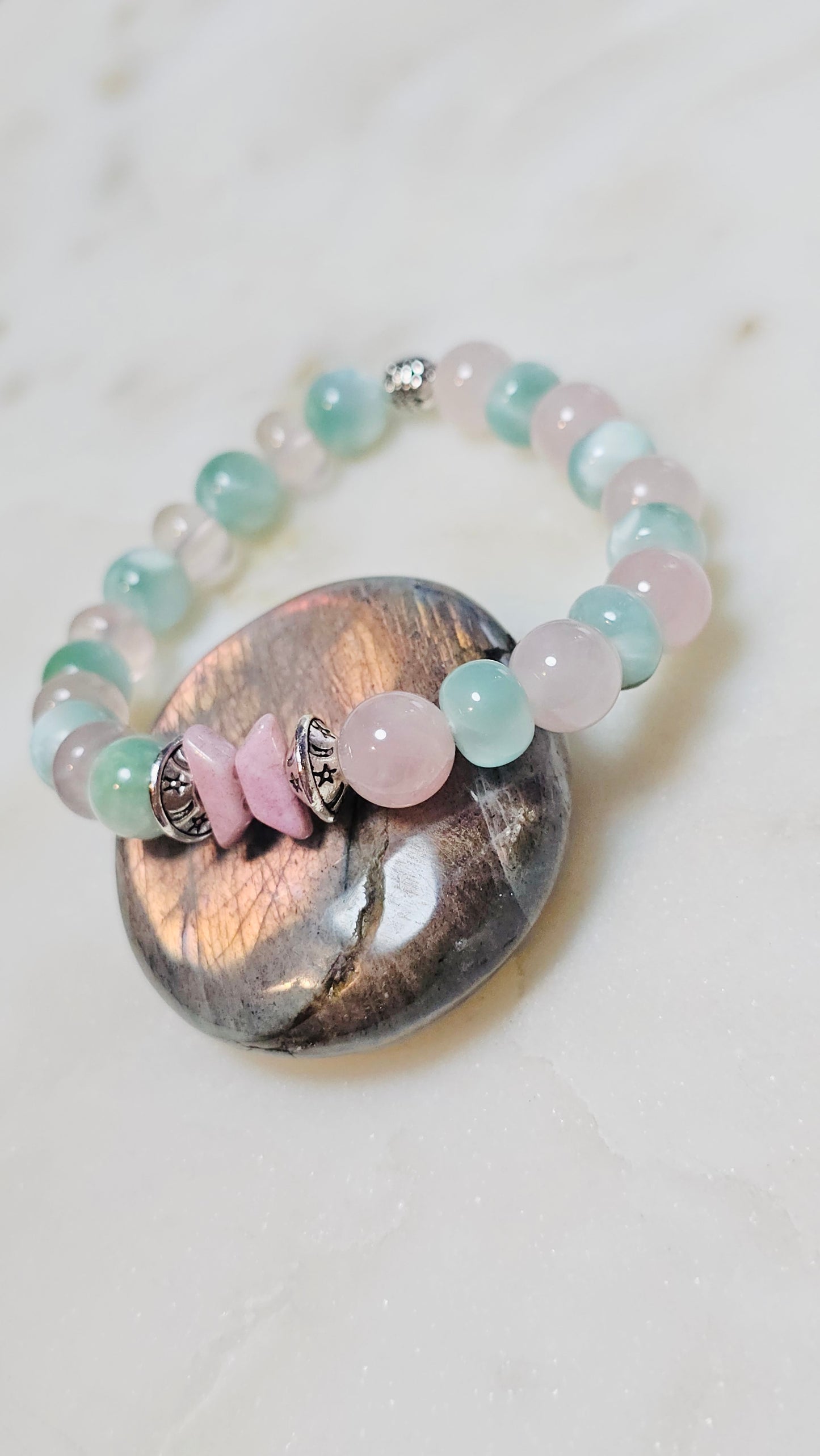 BTS “Spring Day” Healing Crystal Bracelet – Green Moonstone and Rose Quartz Self Love, & Energy Jewelry