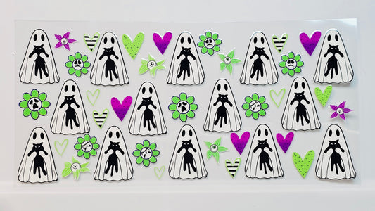 Halloween Ghosties with Black Cats Skull Flowers UVDTF Wrap 16 oz
