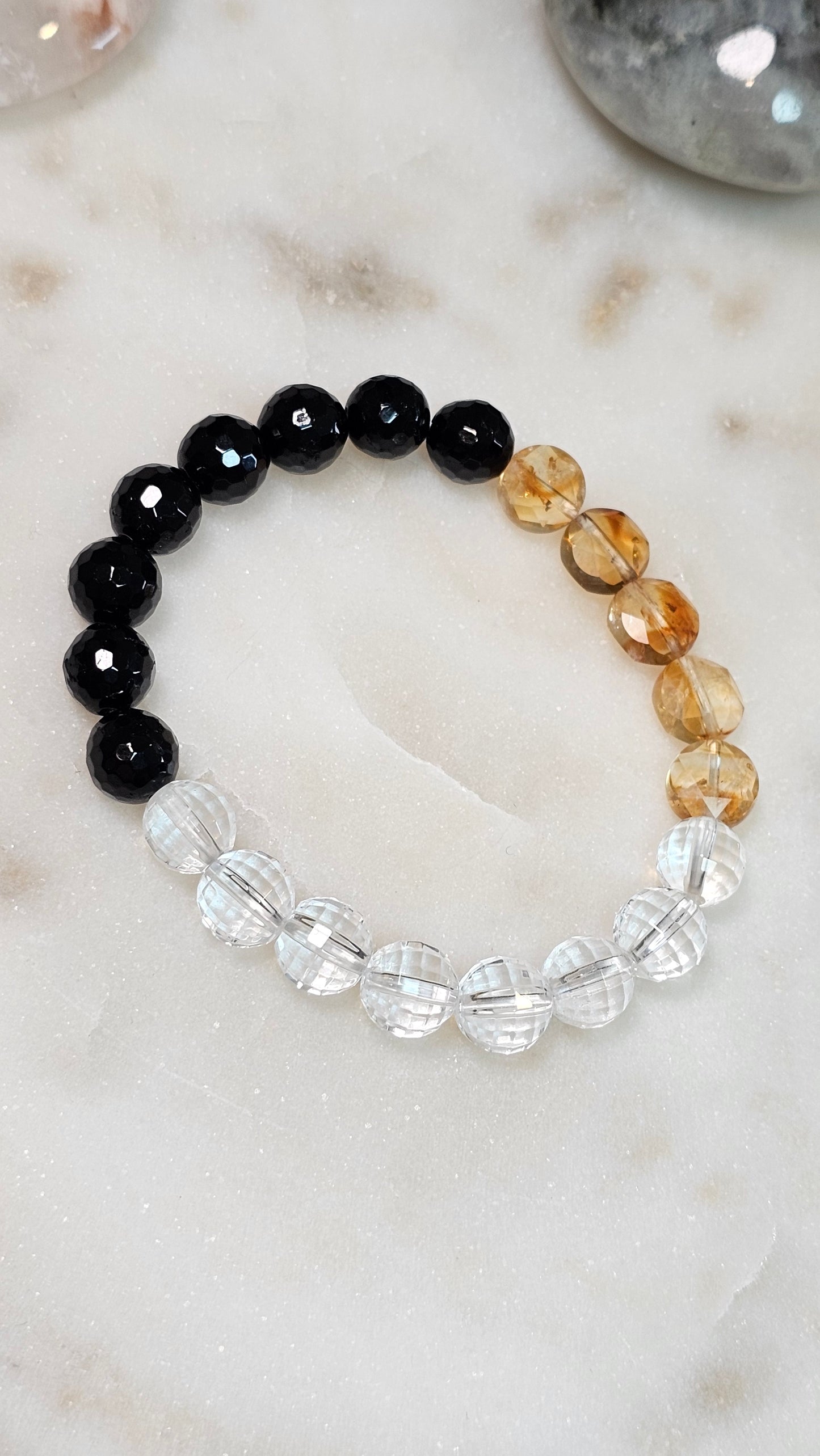 Safe to Receive™ Citrine Coin Bracelet | AAA Black Tourmaline 8mm | AAA Clear Quartz 8mm | Gold Coin Abundance & Protection Energy Bracelet | Stretch Crystal Bracelet