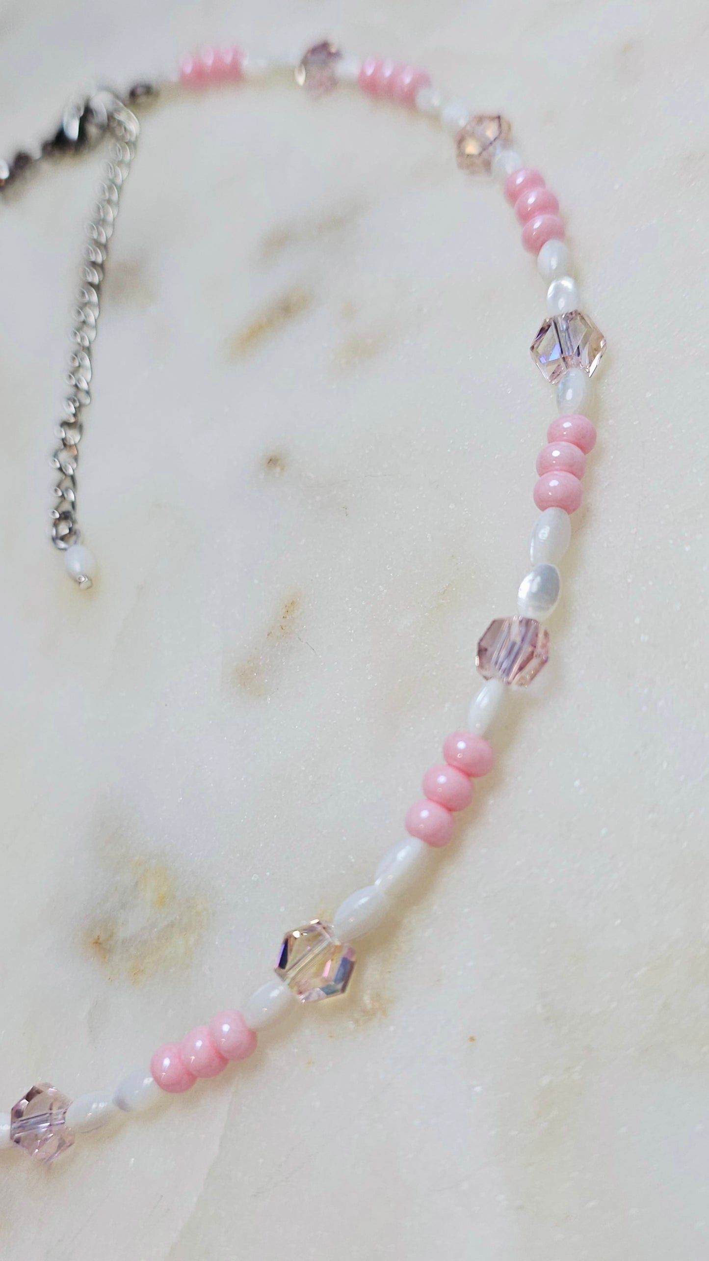 Freshwater Pearls | Pink Crystal Bicones |Czech Glass Seed Beads | Handmade Beaded Choker Necklace |  Pastel Pink White | Dainty Necklace
